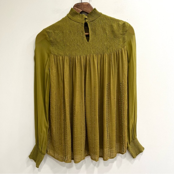 Anthropologie Blank London green beaded sequined mock neck blouse smocked XS - Picture 4 of 12